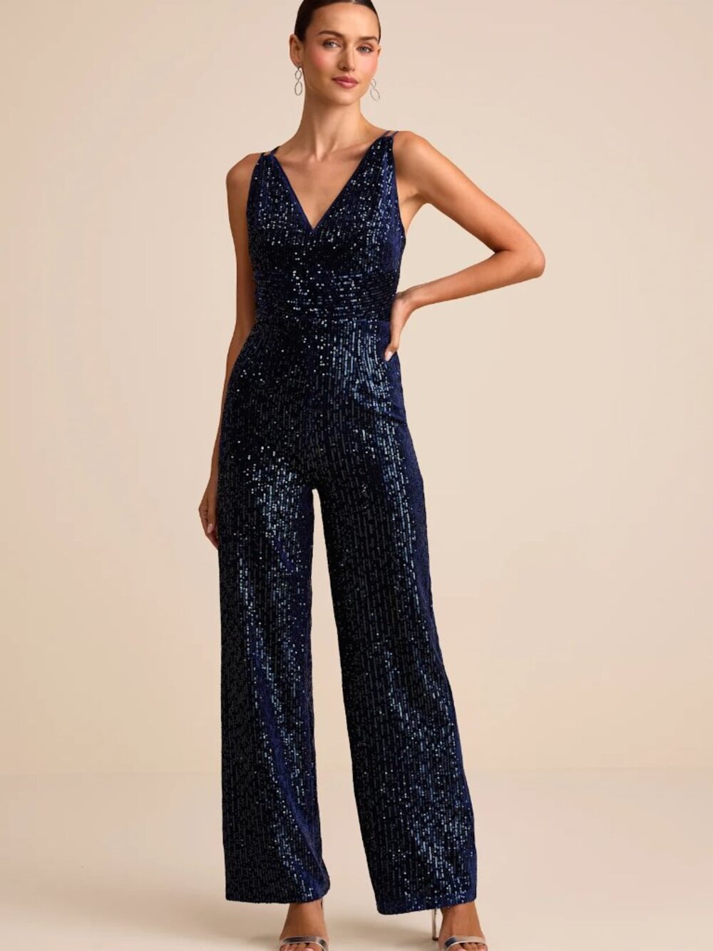 Lulus Sensational Energy Navy Velvet Sequin Backless Jumpsuit - Size S